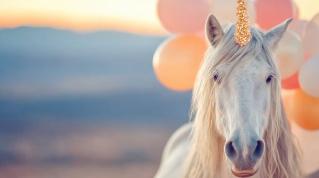 Magical unicorn with festive balloons in sunset backdrop at outdoor party