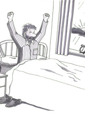 Mature Male Waking Up In Bed Raising Arms as the Sun Rises in the AM