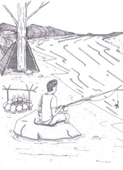One Man Fishing Sitting on a Rock of a River Grayscale Illustration