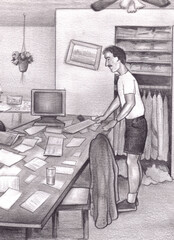 Adult Caucasian Man Standing by a Dining Room Table Sorting Paperwork