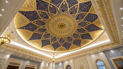 A luxurious decorative stretch ceiling takes center stage in an opulent interior, featuring a grand golden arabesque pattern that radiates outward in intricate, symmetrical waves.