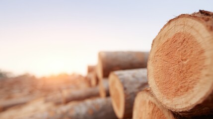 Logs stacked in a forest during sunset in warm golden light