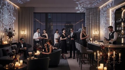 A fancy Halloween party in a bar with cobwebs and candles. People in masks and costumes chat and drink. - Powered by Adobe
