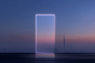 futuristic comic design, comic narration box with sleek gradient fill, sharp edges, and futuristic cityscape background
