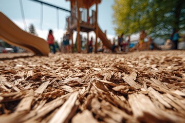Fototapeta premium Playground woodchip surface, children playing in background