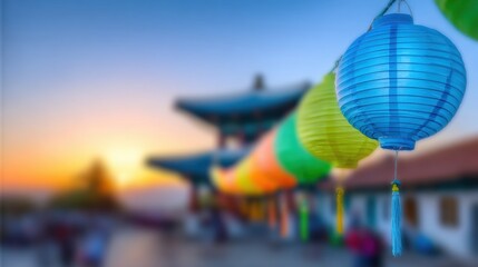 Fototapeta premium Colorful lanterns illuminate a temple at sunset in a serene location
