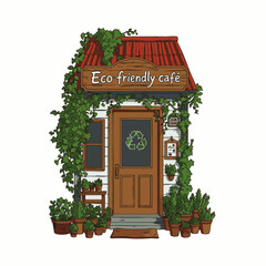 An inviting illustration of a charming eco-friendly cafe, promoting sustainable living, quiet moments, and conscious consumption in a serene environment.