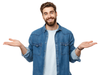 Happy Young Man with Open Hands, Casual Style, Studio Shot, Isolated Background