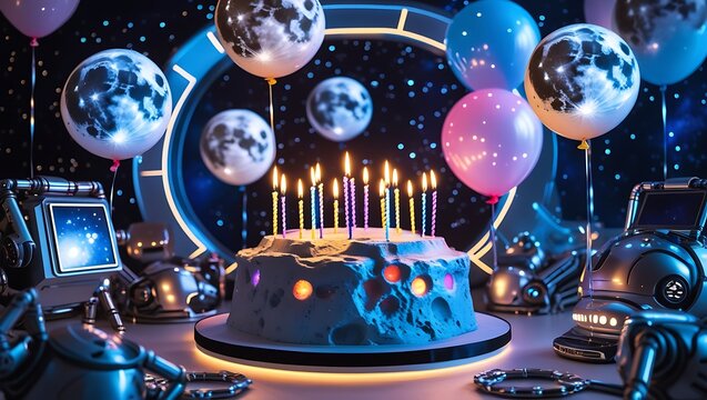 Futuristic space birthday celebration with moon-themed cake and glowing balloons