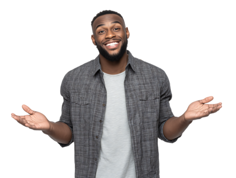 Happy Young Man with Open Hands, Casual Style, Studio Shot, Isolated Background,black,person