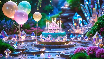 Fototapeta premium Magical crystal birthday cake with glowing balloons and enchanted forest background, perfect celebration scene