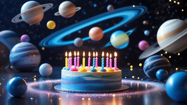 Galactic birthday celebration with vibrant planet decorations and glowing candles on a festive cake