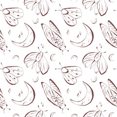Burgundy and pink moths seamless pattern with minimal line art for stationery fabric wrapping paper and home decor Vector illustration