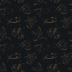 Olive green moths seamless pattern on black background for home decor stationery fabric wrapping paper Vector illustration