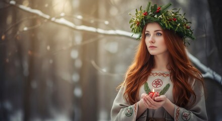 Woman in pagan wreath holding candle, winter nature scene for Yule and pagan Christmas. Celtic tradition.