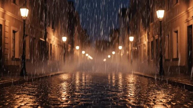 rainy night city street pavement reflections lamps
