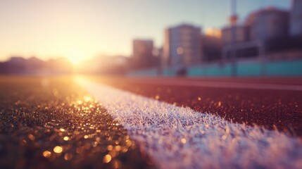 Running track at sunset with blurred city skyline in the background