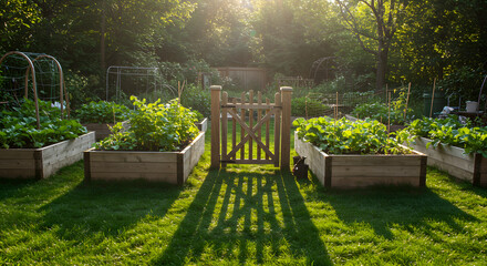 Lush vegetable garden with raised beds bathed in golden hour sunlight