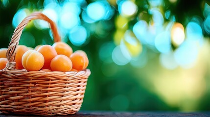 Naklejka premium Freshly picked fruits in a woven basket against a blurred nature background