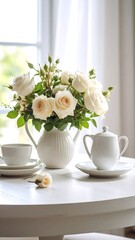 Fototapeta premium Delicate white roses in a vase, by a window