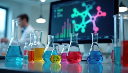 Colorful lab glassware, test tubes arranged on lab bench. Computer monitor displays scientific data with molecular structure graphic. Research, chemistry, medical experiments occur in modern,