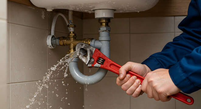 Plumber repairs leaking sink pipe with red adjustable wrench and water spray