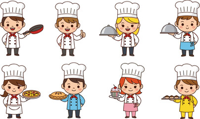 Cartoon chefs character set vector, cooking and baking illustration, culinary professionals clipart, kitchen tools and food artwork, restaurant and cuisine design