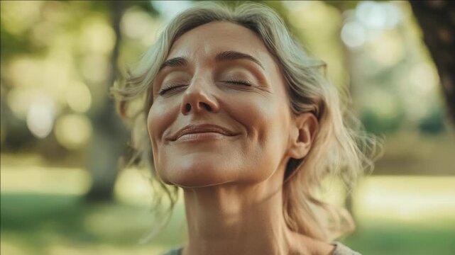A woman expresses happiness and contentment while enjoying a serene outdoor setting.