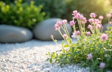 Close-up of light pink flowers, green foliage on white gravel bed. Two smooth grey stones in background, bathed in bright sunshine. Horticultural perlite enhances garden aesthetics for outdoor spaces.