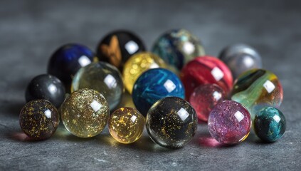 Colorful glass spheres on dark background