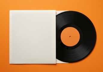 Vinyl record in sleeve on orange background, music concept