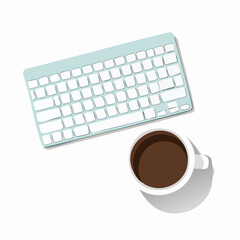 Light Blue Keyboard And Coffee Cup On White Desk