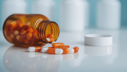 Orange and White Capsules Spilling from an Amber Bottle on a White Surface