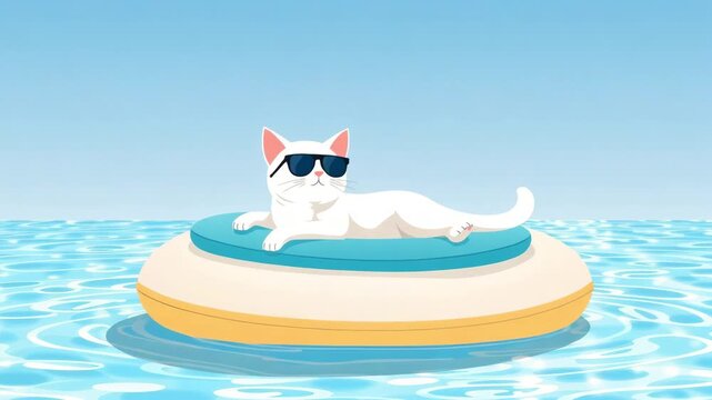 Funny albino cat in sunglasses lying on a swimming mattress in the pool under the sun, cartoon vector style, relaxation and vacation concept