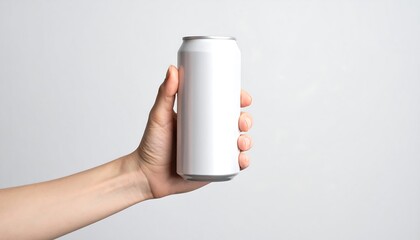 Hand holding blank soda can