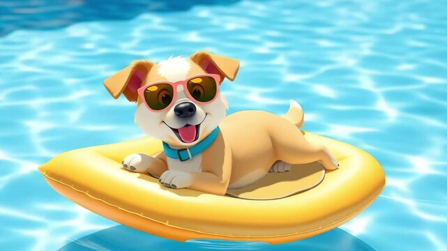 Playful dog in sunglasses relaxing in the pool on a mattress on a warm summer day, cartoon vector style, travel and vacation concept