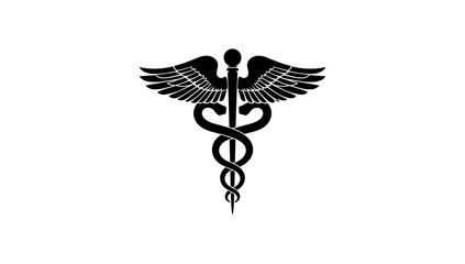 Black and White Caduceus Medical Symbol on a White Background