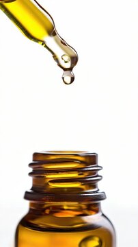 A bottle of oil with a dropper in it. The dropper is filled with oil and is being poured out of the bottle