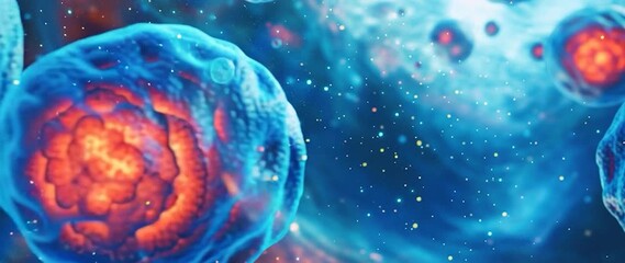 Anamorphic video Close up Human Cells with Glowing Nucleus. Ideal for biology, medicine, research, and healthcare. - Powered by Adobe