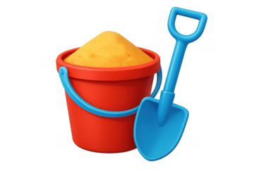 Red bucket full of sand with blue shovel on transparent background