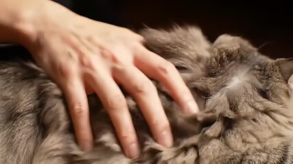 Close-up hand strokes fluffy gray cat's back. Pet, comfort and affection visible in detail. Indoor shot