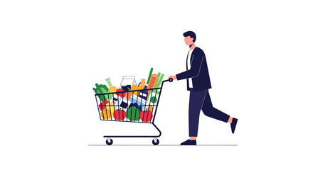 Stylish consumer pushing a shopping cart full of organic produce and everyday groceries showing healthy lifestyle choices for an active individual