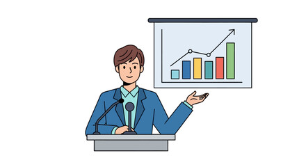 Captivating presentation on upward trends with an animated character conveying success and growth through visual aids and confident gesturing