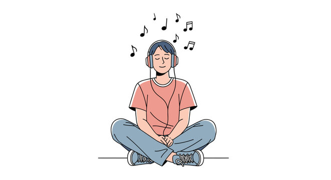 Serene harmony: a tranquil moment of meditation and relaxation immersed in melodic sound waves portrayed in an engaging minimalist line art