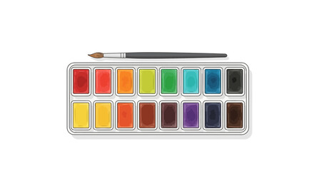 Watercolor palette with a diverse spectrum of vivid colors and paintbrush