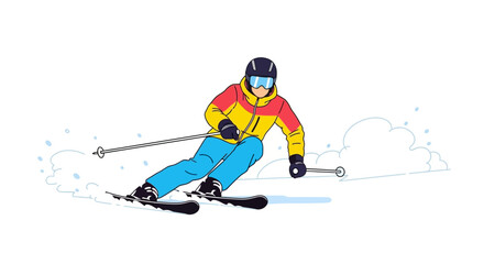 Dynamic Cartoon Illustration of a Skier in Action on a Snowy Slope with Bright Attire and Energetic Style for Sport and Outdoor Activities