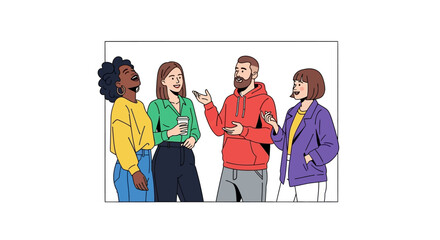 Animated diverse group friends chatting illustration, youthful generation discussing concept and idea, inclusive team enjoy conversation together
