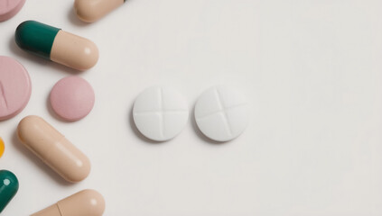 Close up of white pills with cross imprint on white background