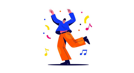 Joyful celebration scene with a dancing character surrounded by music notes and confetti creating a vibrant and energetic atmosphere