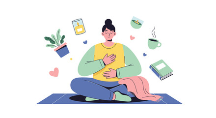 Woman practicing mindful meditation surrounded by comforting elements for relaxation and wellbeing